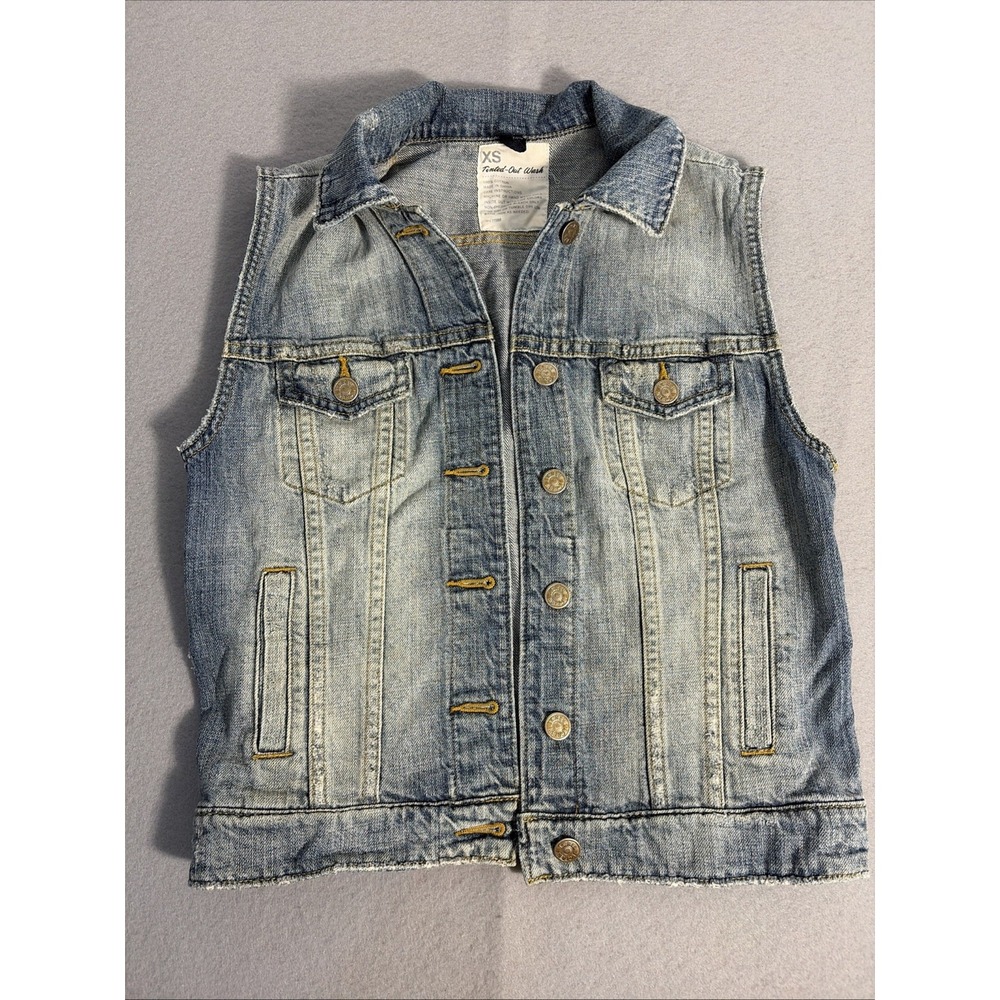 J. Crew Denim Vest Women's XS Blue Distressed 90's Y2K Sleeveless Button Pockets